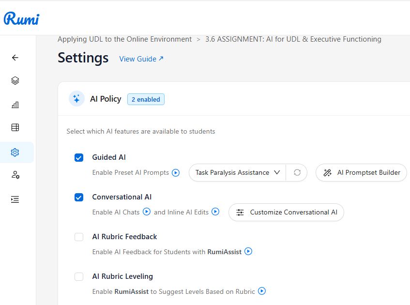 RumiSettingsScreenshot Screenshot of Rumi settings with "Guided AI" and "Conversational AI" options enabled.