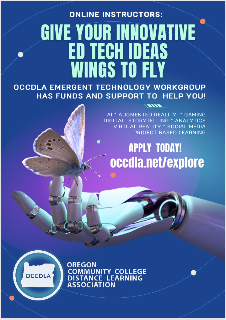 Emergent Technology promotional poster showing a robot hand with a butterfly landing and includes information about how to apply for funding.
